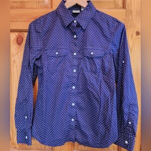 Ladie's LL Bean Navy Blue Polka Dot Button-Up Shirt, Sz Sm